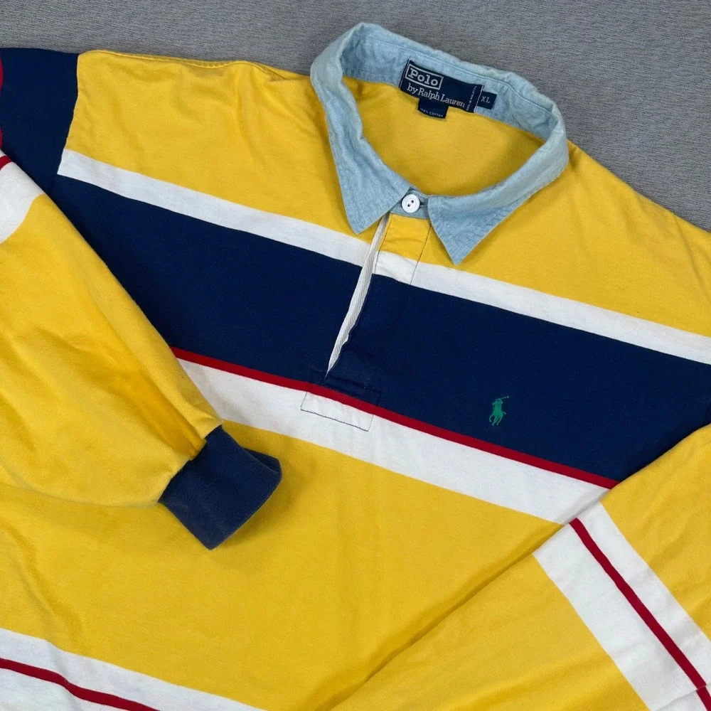 Polo Ralph Lauren Rugby Shirt Mens XL Yellow Navy Striped Long Sleeve Cotton